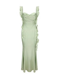Simple Sheath Straps Sage Green Long Prom Dresses Evening Dress With Ruffles HZ1024