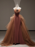 Simple Mermaid Strapless Brown Floor Length Prom Dress HZ1024