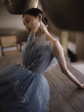 Luxury A line Spaghetti Straps Grey Blue Floor Length Prom Dresses HZ1024