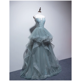 Simple A line Spaghetti Straps Grey Blue Floor Length Prom Dresses HZ1024