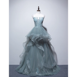 Simple A line Spaghetti Straps Grey Blue Floor Length Prom Dresses HZ1024