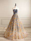 Ball Gown Strapless Floor Length Blue Long Prom Dresses Sweet 16 Dress HZ1024
