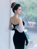 Mermaid Sleeveless Black Tulle Velvet Prom Dress HZ1024