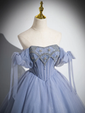 Stunning Ball Gown Blue A-Line Tulle Beads Long Sweet 16 Dresses HZ1024