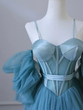Simple A-Line Sweetheart Neck Tulle Blue Long Prom Dress HZ1024