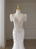 Luxury Mermaid Short Sleeves White Long Wedding Dresses HZ1024