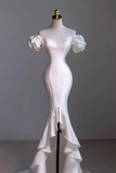 Vintage Mermaid Off the Shoulder Short Sleeves White Satin Wedding Dresses HZ1024