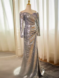 Modest Mermaid Off The Shoulder Sequin Long Silver Prom Dress HZ1024