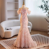 Modest Mermaid Off The Shoulder Long Pink Prom Dress HZ1024