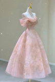 Modest A line Straps Pink Lace Ankle Length Prom Dress HZ1024