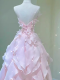 Fairy A Line Sleeveless Pink Long Floral Prom Dress HZ1024