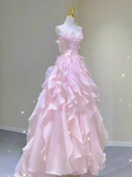 Fairy A Line Sleeveless Pink Long Floral Prom Dress HZ1024