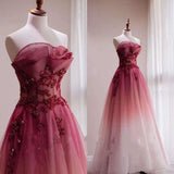 Vintage A line Long Strapless Ombre Red Long Prom Dress HZ1024