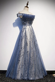 Charming A Line Off The Shoulder Blue Sequin Long Prom Dress HZ1024