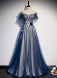 Simple A line Off The Shoulder Sequin Blue Long Prom Dresses HZ1024