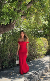 Vintage Sheath Off The Shoulder Red Satin Evening Dress Prom Dresses Birthday Outfits HZ1024