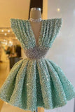 Beautiful Deep V-Neck Cap Sleeves Homecoming Dress with Sequins Beadings HZ1024