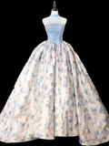 Simple Ball Gown Blue Satin Floral Long Prom Dresses HZ1024