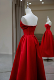 A line Strapless Red Satin Sleeveless Long Prom Dress HZ1024