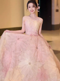 Fairytale Ball Gown Strapless Lace Pink Floral Wedding Dresses HZ1024