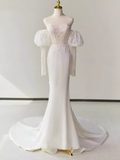 Fairytale Mermaid Strapless Lace White Long Wedding Dresses HZ1024