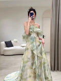 Elegant A Line Halter Chiffon Ombre Green Long Prom Dresses Evening Party Dress HZ1024