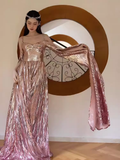 Sexy A Line Straps Neckline Long Sleeves Sequin Long Prom Dress HZ1024