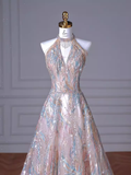 Sexy A line High Neckline Sequin Long Evening Dress Beading Prom Dress HZ1024