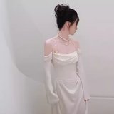 Simple Mermaid Off The Shoulder Long Sleeves White Satin Wedding Dresses HZ1024