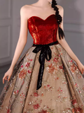 Fairytale Ball Gown Strapless Burgundy Sequin Long Evening Dress Prom Dress HZ1024