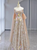 Fairytale A line Straps Floral Lace Long Evening Dress Prom Dress HZ1024