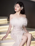 Fairytale Mermaid Strapless Sequin Beads Long Evening Dress Slit Prom Dresses With Feathers HZ1024