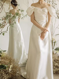 Chic A line Off The Shoulder White Wedding Dress With Short Sleeves HZ1024