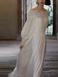 Chic A line Off The Shoulder Lace White Wedding Dress With Long Sleeves HZ1024