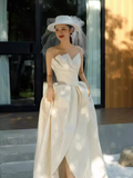 Chic A Line Strapless Sleeveless Lace White Wedding Dresses HZ1024