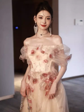 Sexy A line Off The Shoulder Tulle Flowers Long Prom Dresses HZ1024