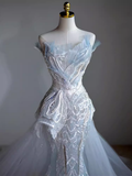Chic Mermaid Off The Shoulder Short Sleeves Lace Wedding Dress HZ1024