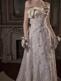 Vintage Mermaid Strapless Flowers Lace Wedding Dress HZ1024