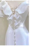 Sexy Mermaid V Neckline White Long Wedding Dresses With Pearls HZ1024