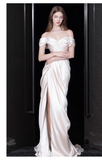 Sexy Sheath Off The Shoulder Short Sleeves White Satin Long Wedding Dresses HZ1024