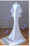 Sexy Mermaid U Neckline Long Sleeves Satin Long Wedding Dresses With Pearls HZ1024
