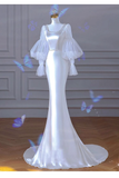 Sexy Mermaid U Neckline Long Sleeves Satin Long Wedding Dresses With Pearls HZ1024