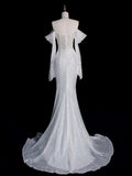 Timeless Mermaid Off The Shoulder Long Sleeves Sequin Wedding Dresses With Ruffles HZ1024