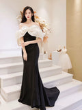 Modest Mermaid Off The Shoulder Satin Black Prom Dress Long Evening Dresses HZ1024