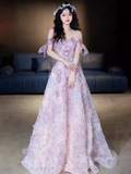 Cute A line Strapless Neckline Tulle Pink Flowers Wedding Dress HZ1024