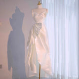 Simple High Low Sweetheart Long Satin White Wedding Dresses With Ruffles HZ1024
