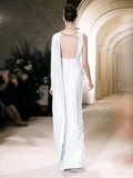 Unique Sheath Strapless Satin Slit White Wedding Dresses With Ribbon HZ1024