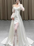 Unique Sheath Off The Shoulder Satin Long Sleeves White Slit Wedding Dresses HZ1024