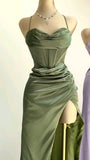 Modest Sheath Straps Satin Slit Prom Dress Long Evening Dresses With Ruffles HZ1024