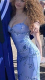 Modest Mermaid Spaghatti Straps Light Sky Blue Prom Dress Long Evening Dresses HZ1024